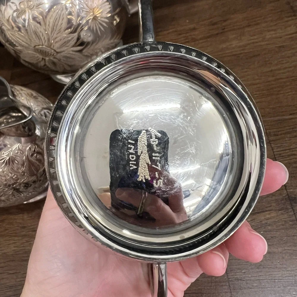 Vintage Wedding Silver Plated Floral Etched Footed Tea Set India, 1950 set of 3‎